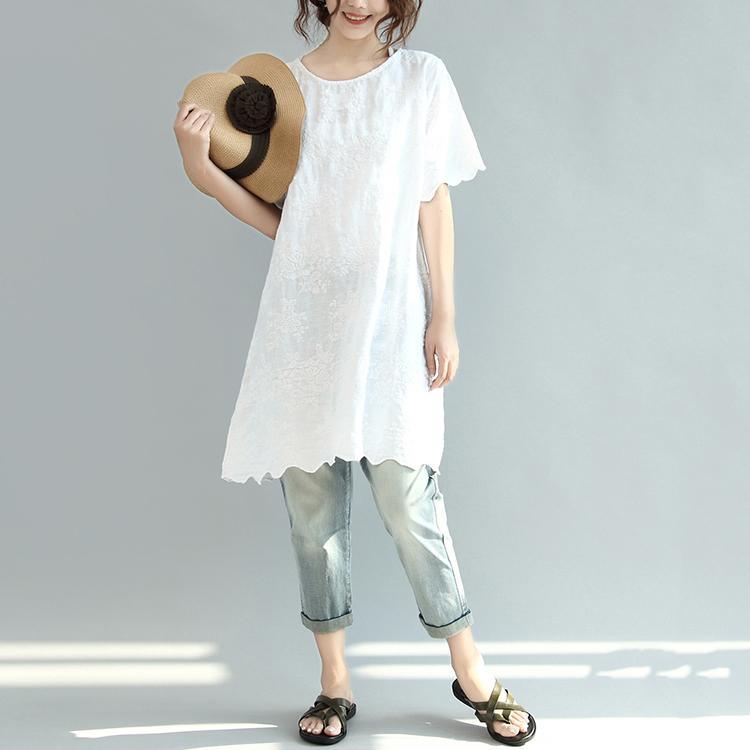 white embroidery floral linen dresses oversize sundress short sleeve shirt dress - Omychic