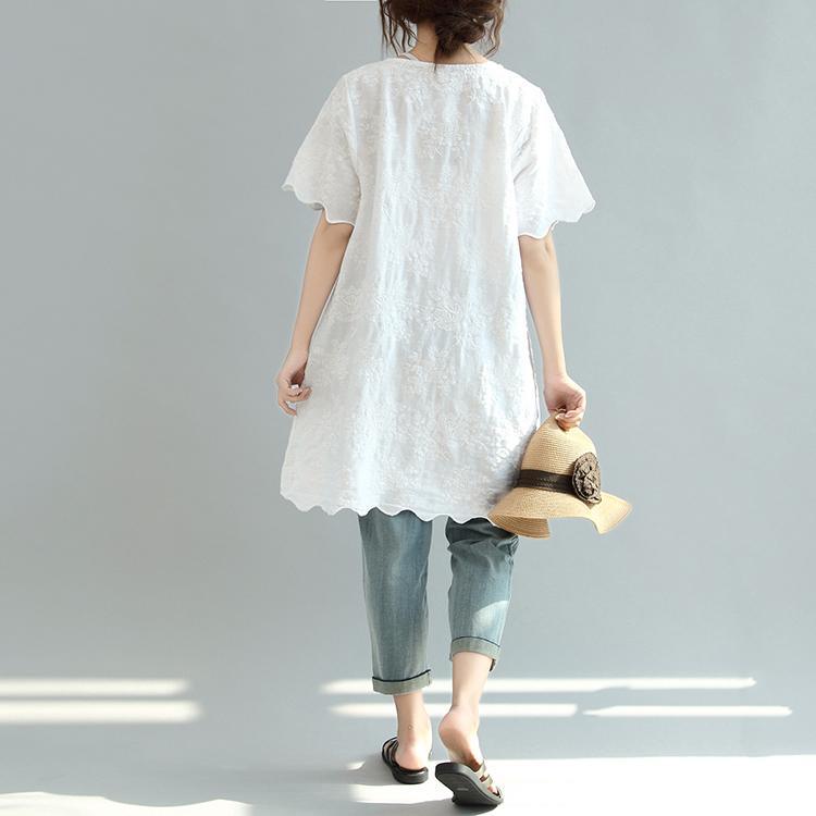 white embroidery floral linen dresses oversize sundress short sleeve shirt dress - Omychic