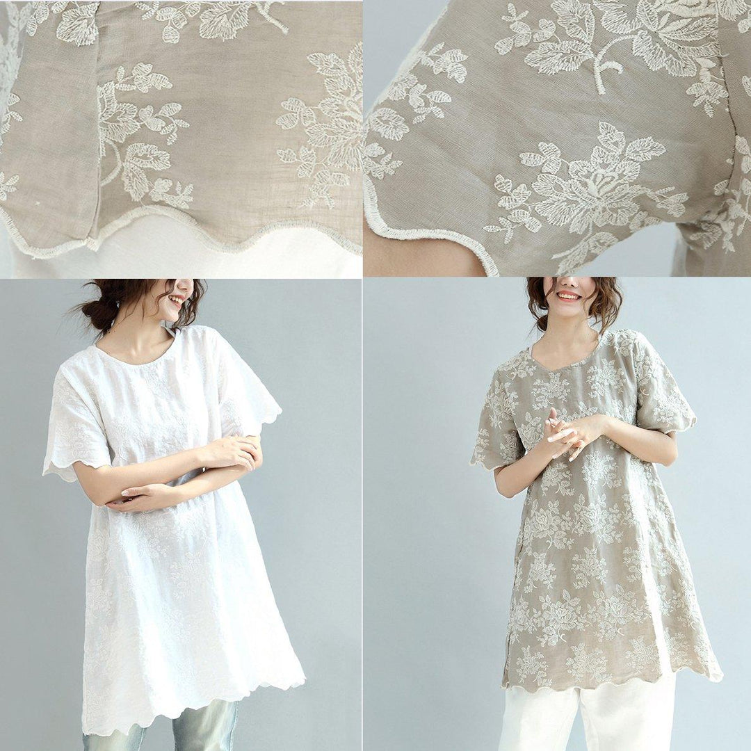 white embroidery floral linen dresses oversize sundress short sleeve shirt dress - Omychic