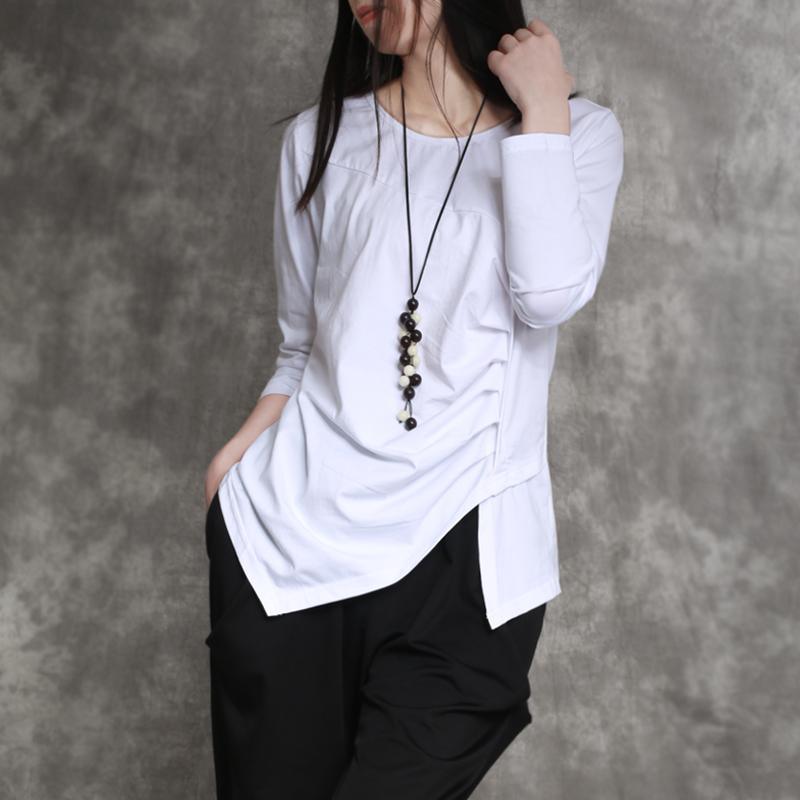 white cotton shirts top long sleeve blouse asymmetric design cotton clothing - Omychic
