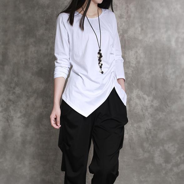white cotton shirts top long sleeve blouse asymmetric design cotton clothing - Omychic