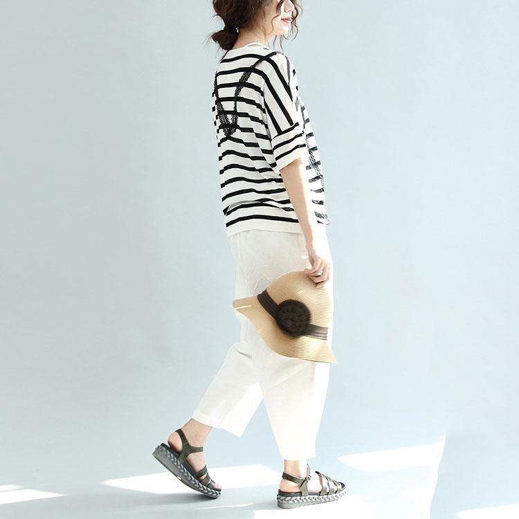 white gray striped cotton tops loose unique blouse short sleeve t shirt - Omychic