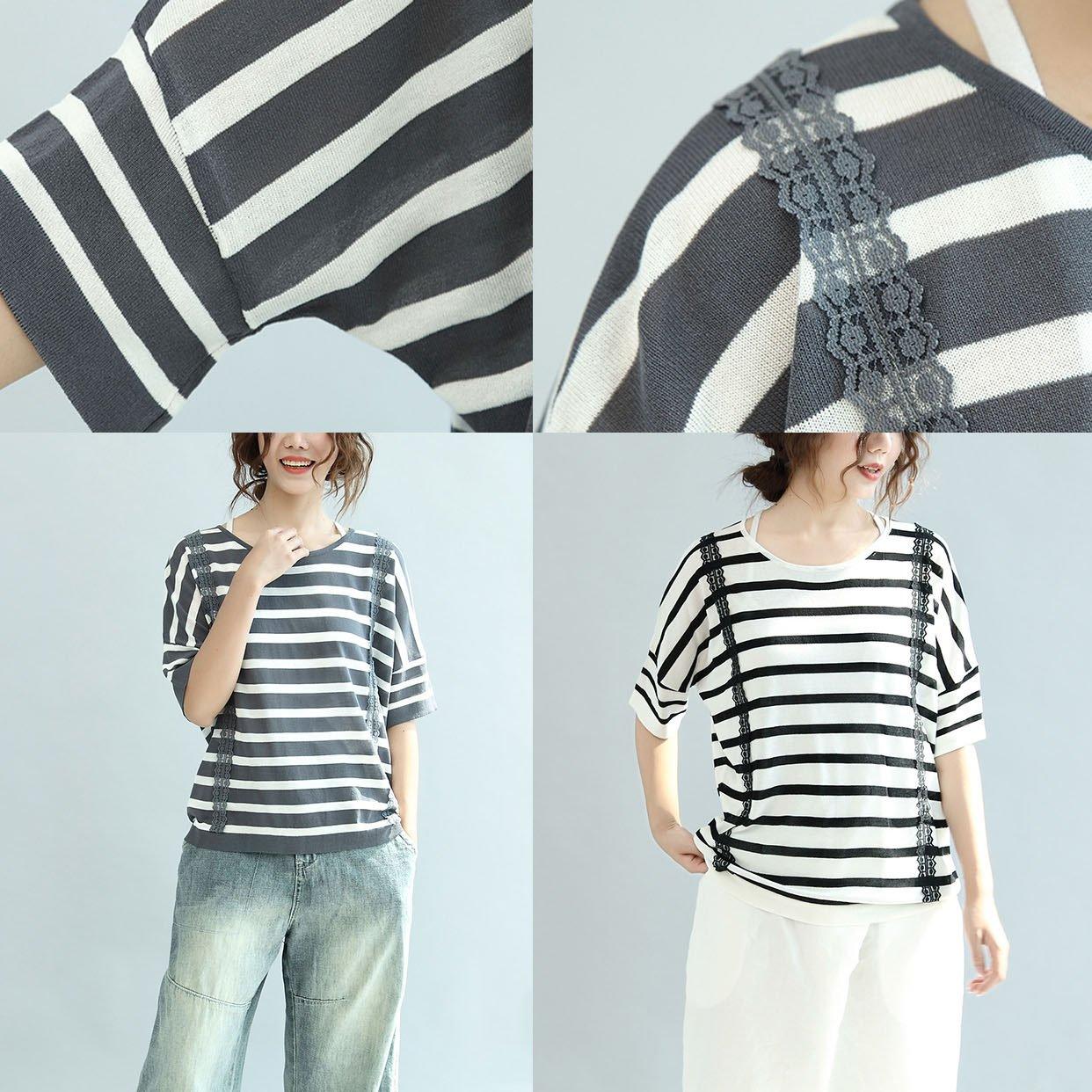 white gray striped cotton tops loose unique blouse short sleeve t shirt - Omychic