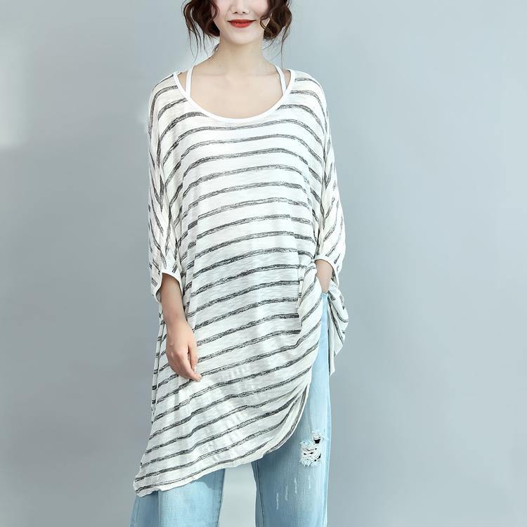 white gray striped sundress plus size casual shift dress cotton o neck women dresses - Omychic