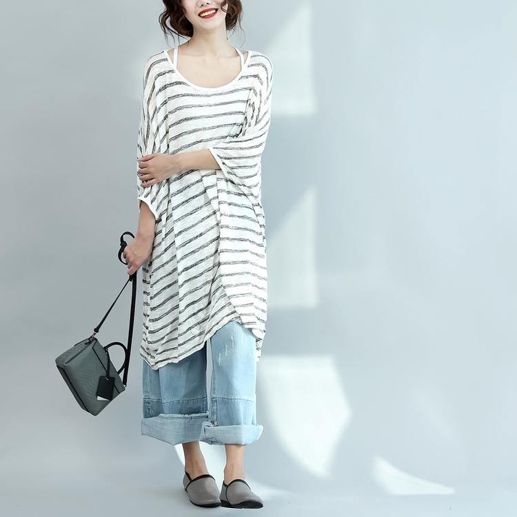 white gray striped sundress plus size casual shift dress cotton o neck women dresses - Omychic