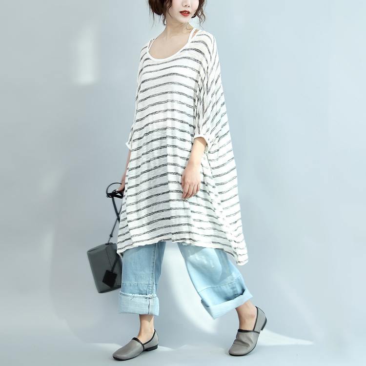 white gray striped sundress plus size casual shift dress cotton o neck women dresses - Omychic