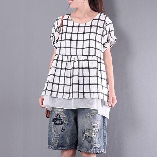 white grid linen tops plus size casual pullover short sleeve t shirt - Omychic