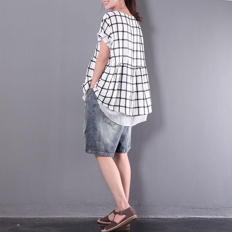 white grid linen tops plus size casual pullover short sleeve t shirt - Omychic