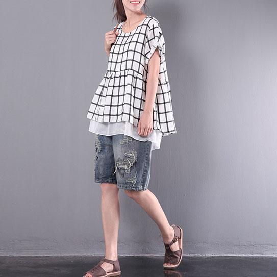 white grid linen tops plus size casual pullover short sleeve t shirt - Omychic