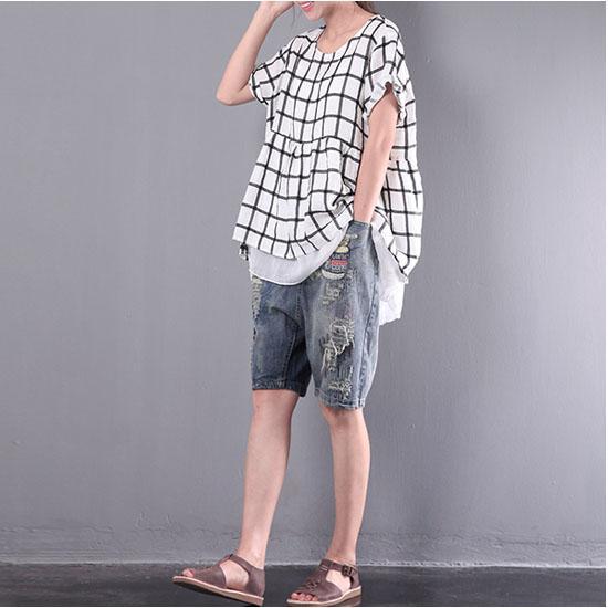 white grid linen tops plus size casual pullover short sleeve t shirt - Omychic