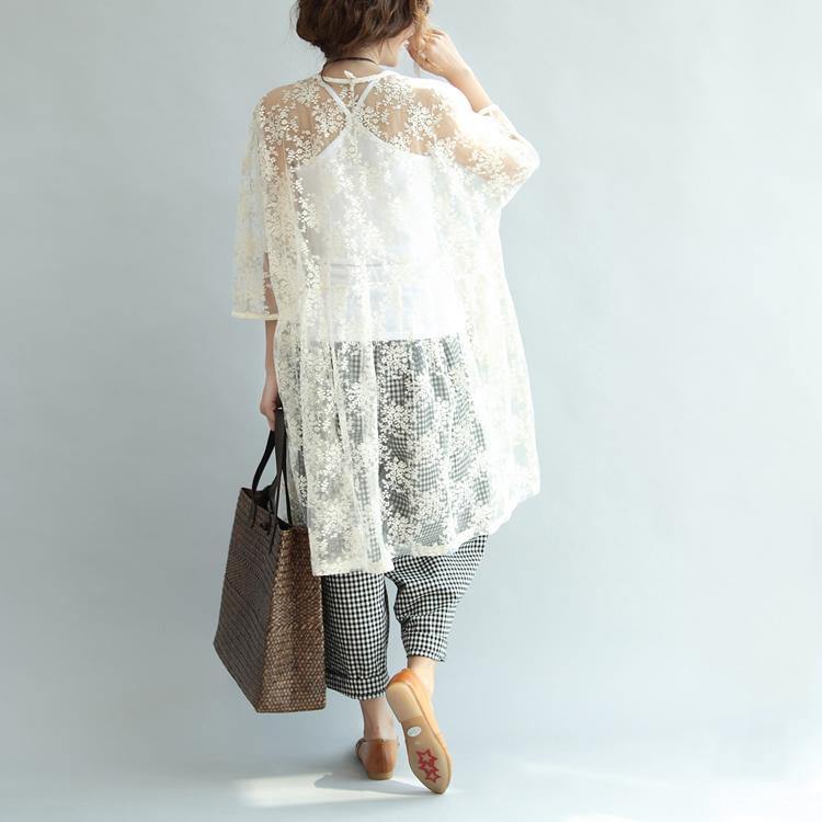 white lace embroidery sundress oversize cotton sundress v neck shirt dress - Omychic