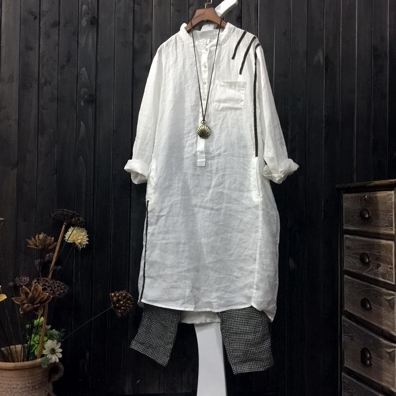 white linen casual dresses plus size long sleeve stand collar shirt dress - Omychic