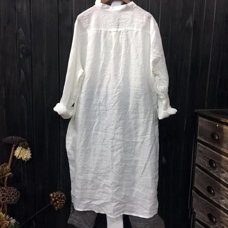 white linen casual dresses plus size long sleeve stand collar shirt dress - Omychic