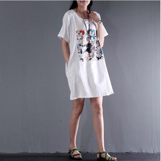 white o neck floral summer dresses women linen dress oversize short sleeve sundresses - Omychic