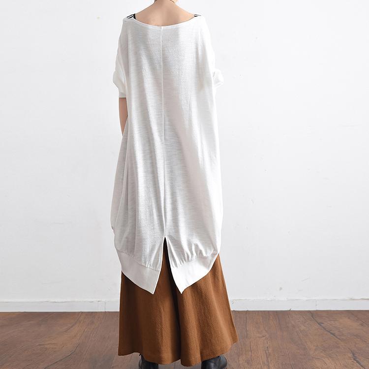 white original summer cotton dress plus size linen casual t shirt asymmetric long sleeve sundress - Omychic