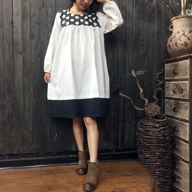 white patchwork dotted casual linen dress oversize long sleeve shirt dress - Omychic