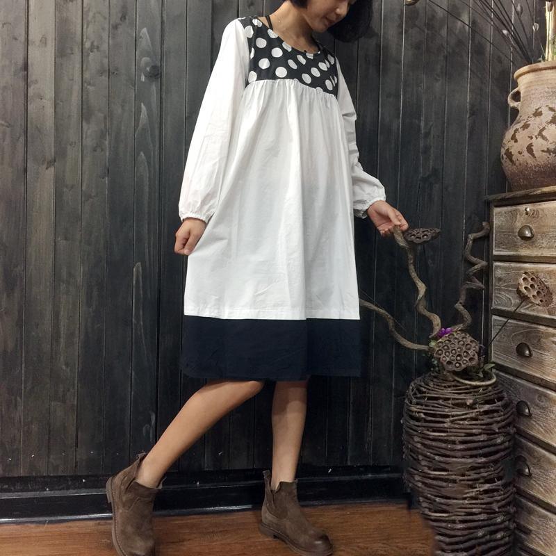 white patchwork dotted casual linen dress oversize long sleeve shirt dress - Omychic