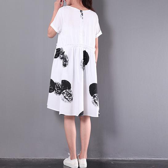 white patchwork dotted cotton women dresses plus size sundress short sleeve mid dress - Omychic