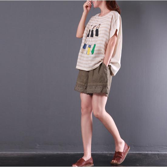 white striped cartoon print linen blouse oversize casual patchwork t shirt - Omychic