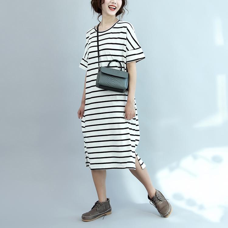 white striped cotton summer casual dresses plus size sundress short sleeve maxi dress - Omychic