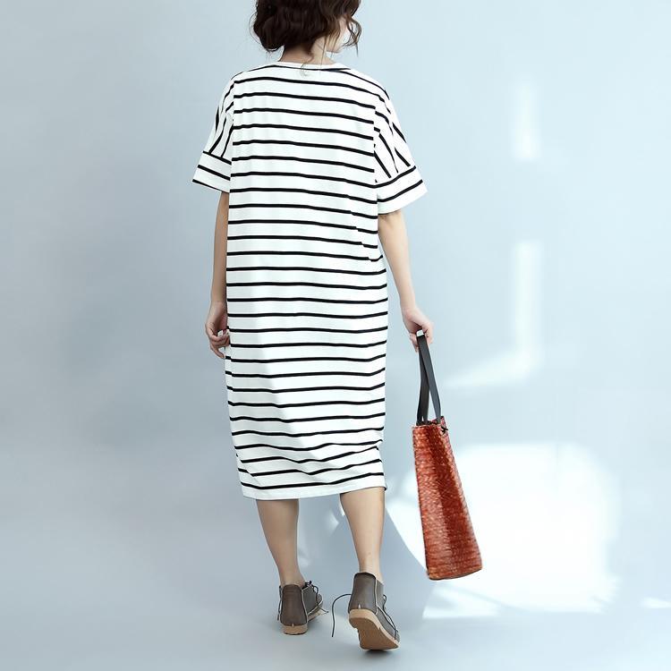 white striped cotton summer casual dresses plus size sundress short sleeve maxi dress - Omychic