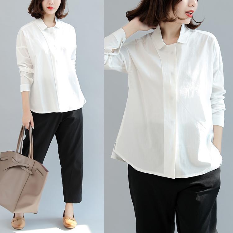 white unique cotton tops loose brief blouse long sleeve shirts - Omychic