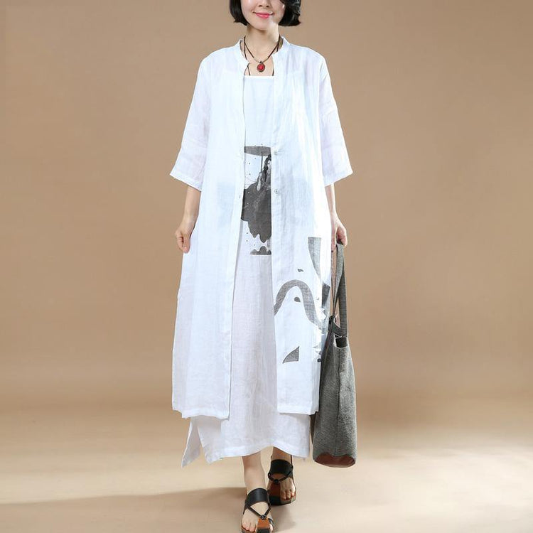 white vintage prints casual linen two pieces half sleeve cardigans and sleeveless side open maxi dress - Omychic