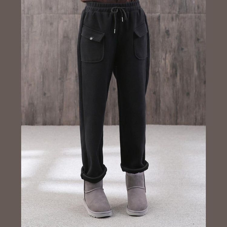 winter black cotton wild straight pants elastic waist drawstring trousers - Omychic