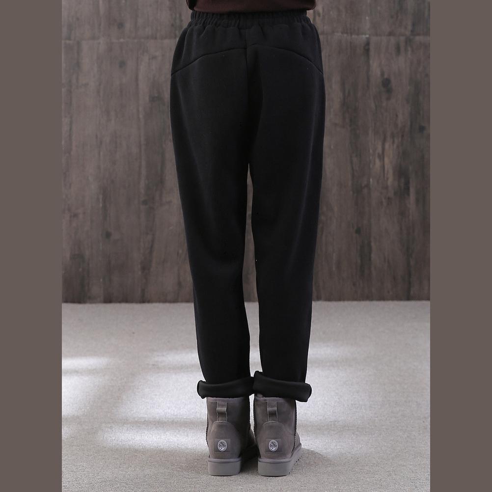 winter black cotton wild straight pants elastic waist drawstring trousers - Omychic