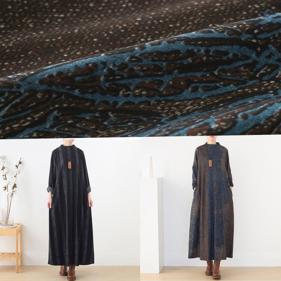 winter blue prints retro loose large size dress - Omychic