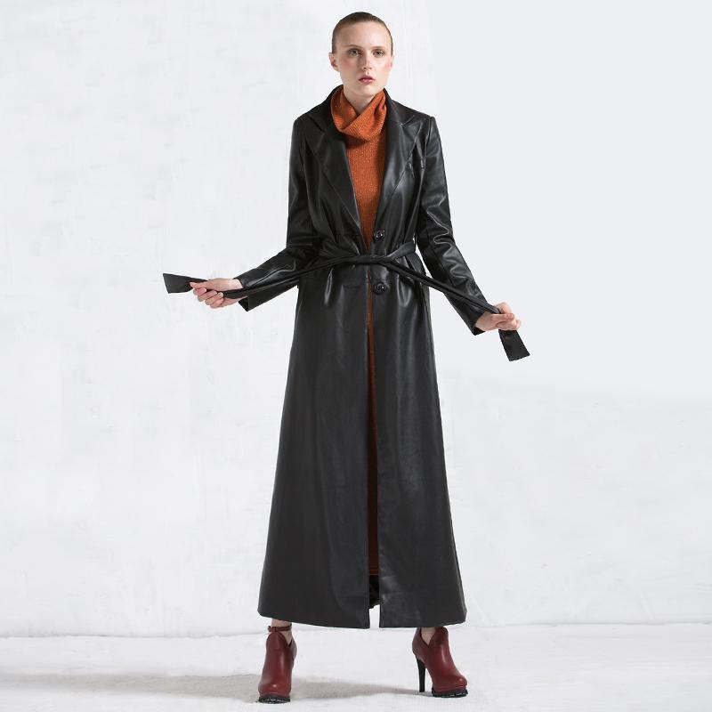 winter fashion women leather coats black tie waist PU trench coat parka - Omychic