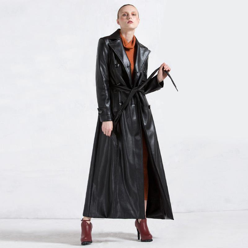 winter fashion women leather coats black tie waist PU trench coat parka - Omychic