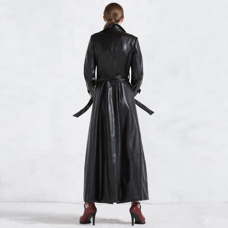 winter fashion women leather coats black tie waist PU trench coat parka - Omychic
