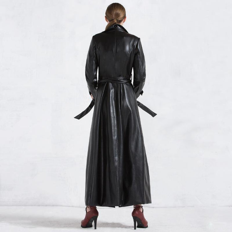 winter fashion women leather coats black tie waist PU trench coat parka - Omychic