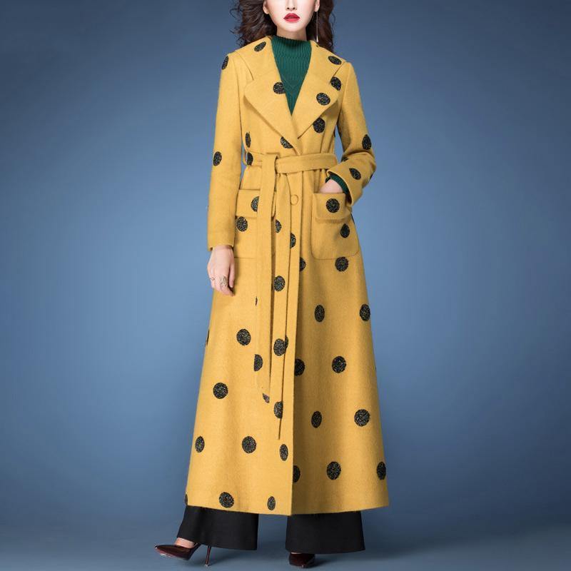 winter fashion woolen blended  yellow dotted prints coats slim fit tie waist maxi trench coat - Omychic