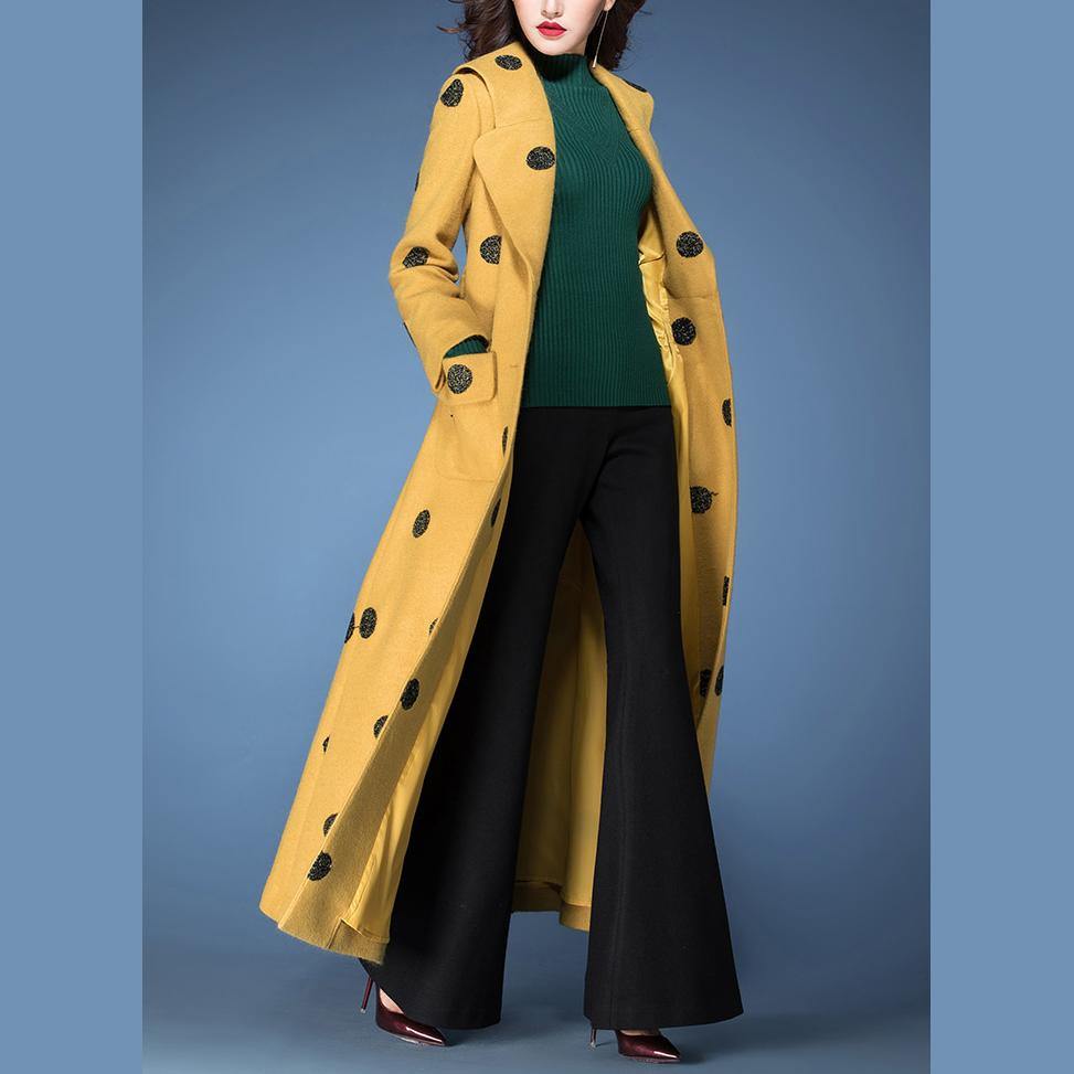 winter fashion woolen blended  yellow dotted prints coats slim fit tie waist maxi trench coat - Omychic