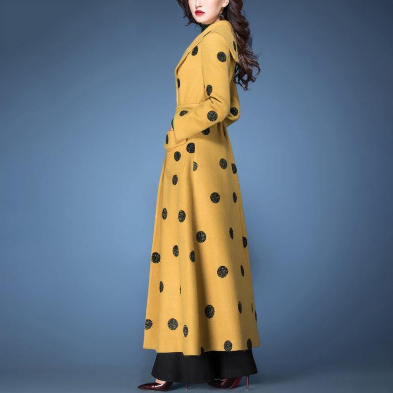 winter fashion woolen blended  yellow dotted prints coats slim fit tie waist maxi trench coat - Omychic