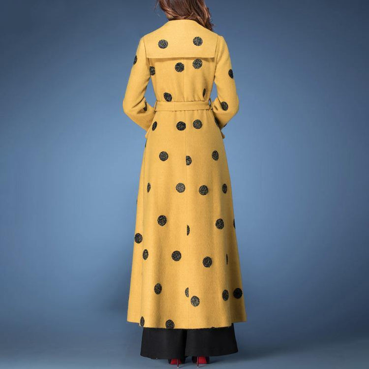 winter fashion woolen blended  yellow dotted prints coats slim fit tie waist maxi trench coat - Omychic