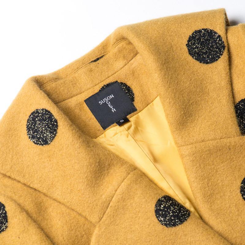 winter fashion woolen blended  yellow dotted prints coats slim fit tie waist maxi trench coat - Omychic