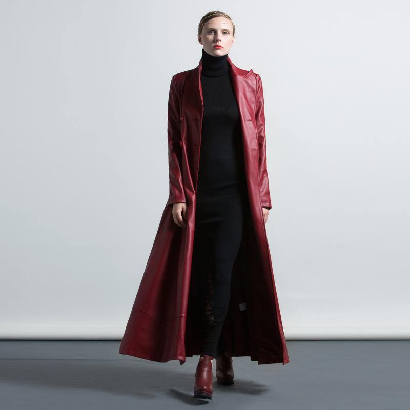 winter red PU solid color warm long  coats double breast elegant maxi trench coat - Omychic