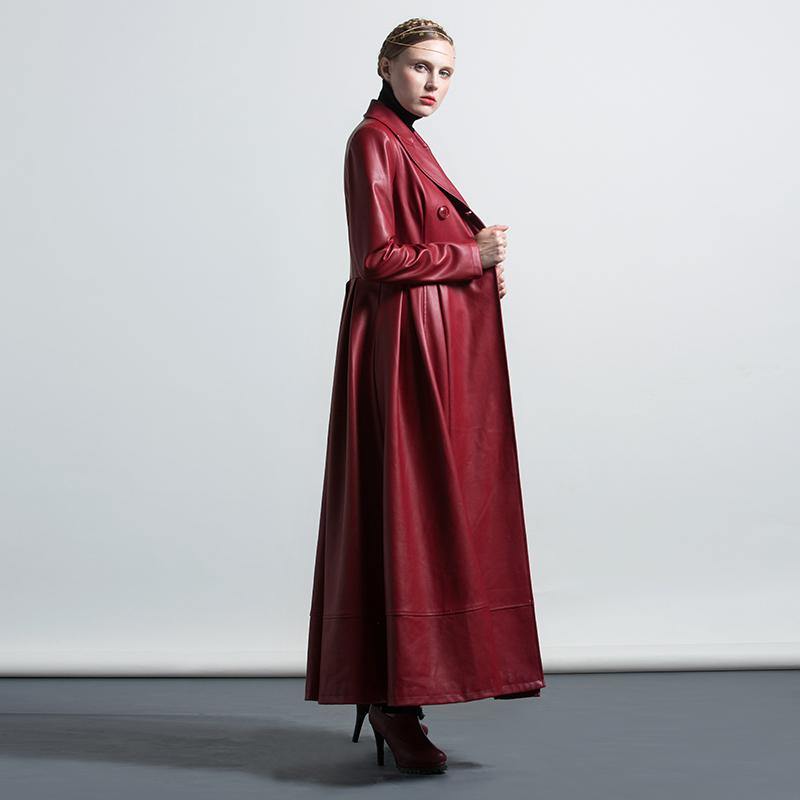 winter red PU solid color warm long  coats double breast elegant maxi trench coat - Omychic