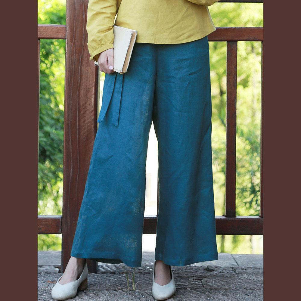 women 2019 blue linen croppants loose casual high waist trouers - Omychic