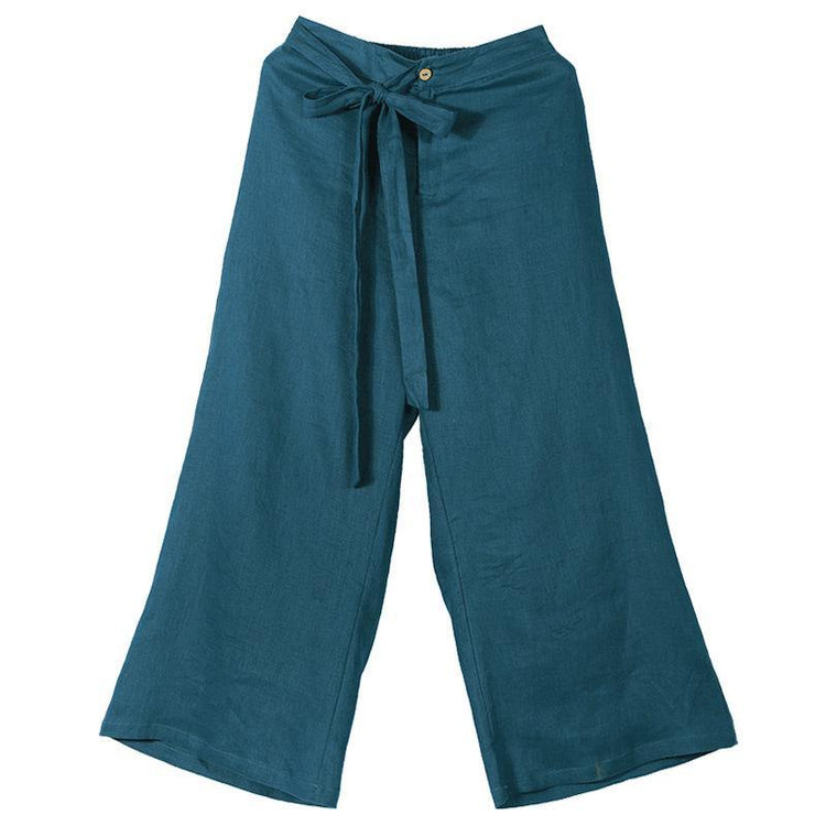 women 2019 blue linen croppants loose casual high waist trouers - Omychic