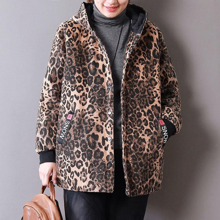 women Leopard spring cotton tops casual cotton hooded tops pockets coat - Omychic