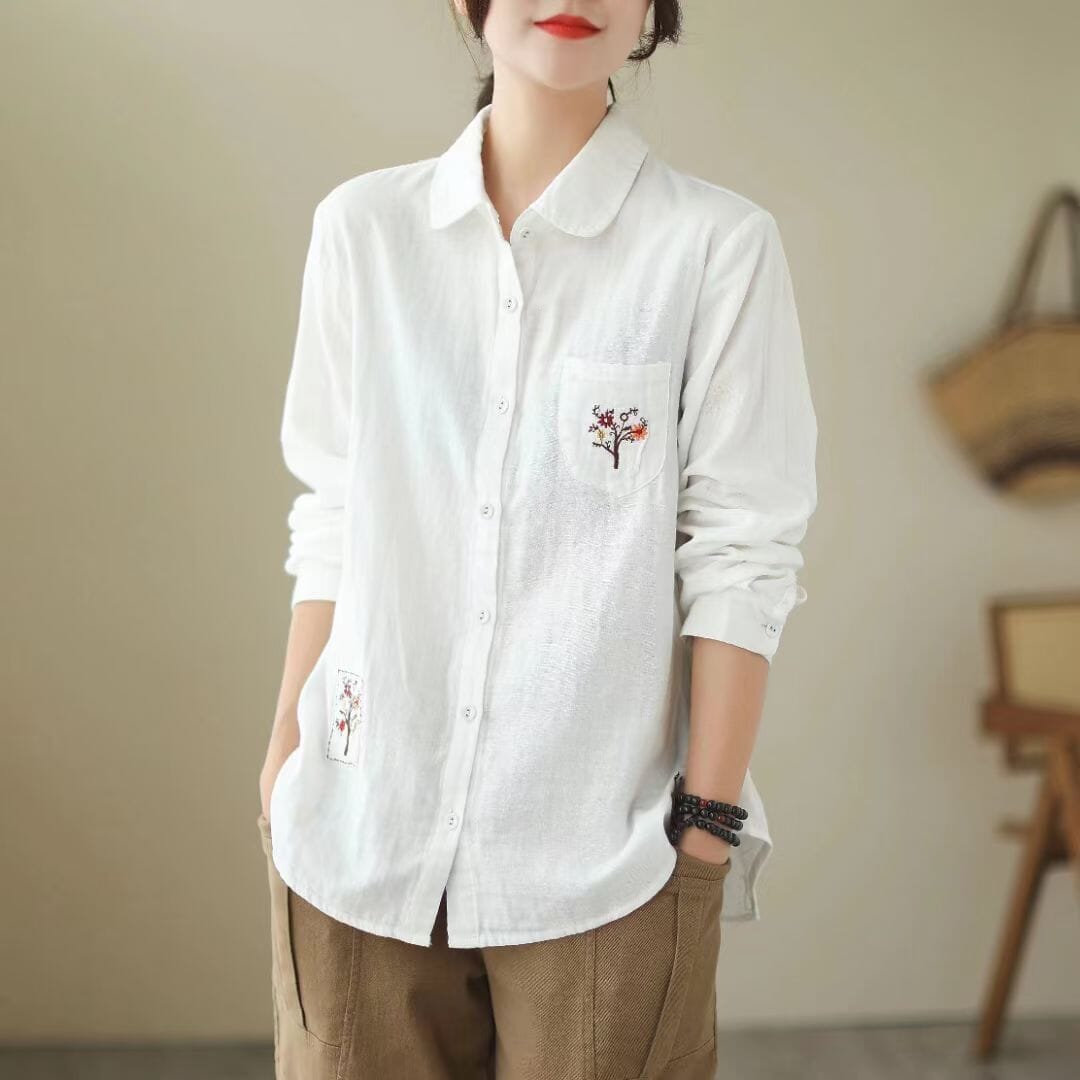 Women Autumn Retro Embroidery Cotton Linen Blouse