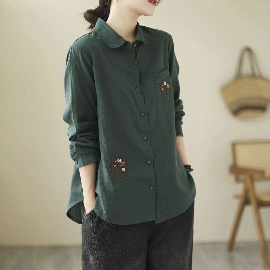 Women Autumn Retro Embroidery Cotton Linen Blouse