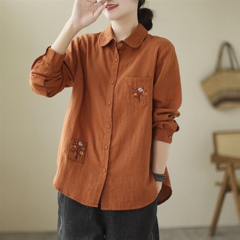 Women Autumn Retro Embroidery Cotton Linen Blouse