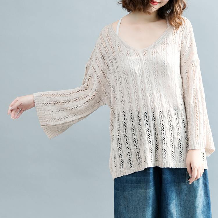 women beige  sweater Loose fitting v neck knitted blouses 2018 hollow out fall blouse - Omychic