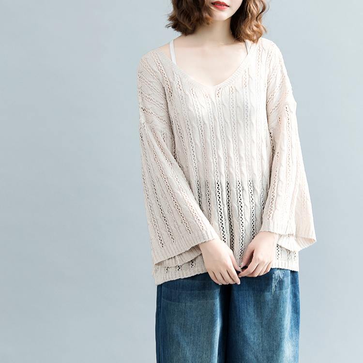 women beige  sweater Loose fitting v neck knitted blouses 2018 hollow out fall blouse - Omychic
