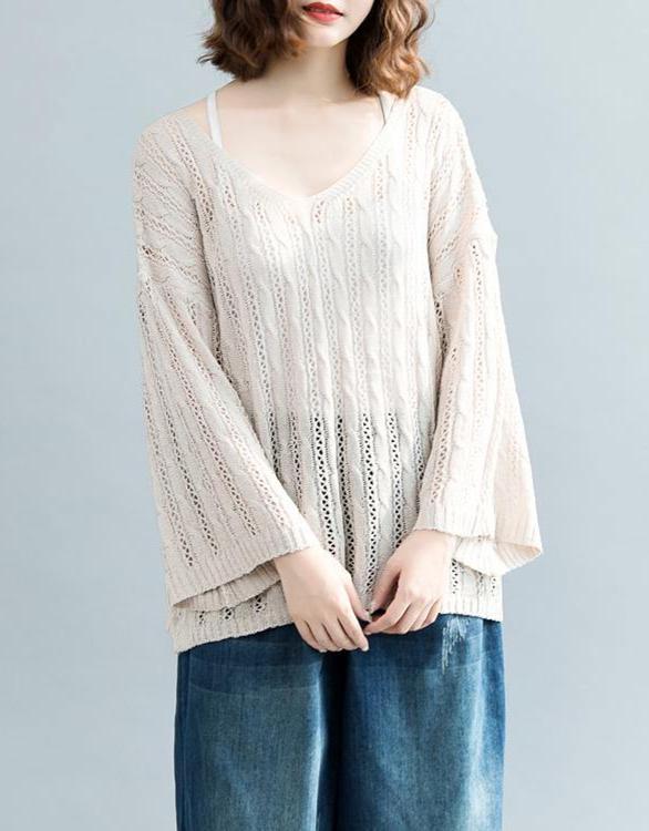 women beige  sweater Loose fitting v neck knitted blouses 2018 hollow out fall blouse - Omychic